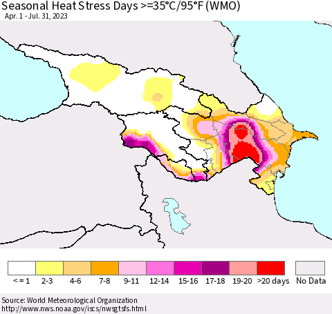 Azerbaijan, Armenia and Georgia Seasonal Heat Stress Days >=35°C/95°F (WMO) Thematic Map For 4/1/2023 - 7/31/2023