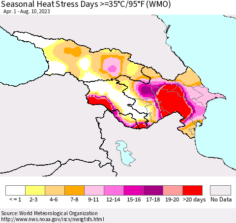 Azerbaijan, Armenia and Georgia Seasonal Heat Stress Days >=35°C/95°F (WMO) Thematic Map For 4/1/2023 - 8/10/2023