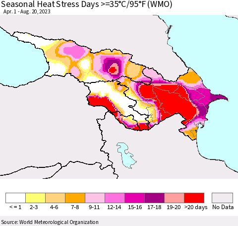 Azerbaijan, Armenia and Georgia Seasonal Heat Stress Days >=35°C/95°F (WMO) Thematic Map For 4/1/2023 - 8/20/2023