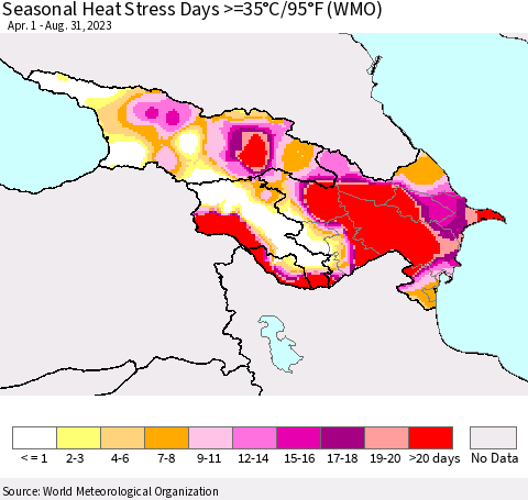 Azerbaijan, Armenia and Georgia Seasonal Heat Stress Days >=35°C/95°F (WMO) Thematic Map For 4/1/2023 - 8/31/2023