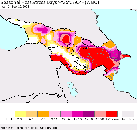 Azerbaijan, Armenia and Georgia Seasonal Heat Stress Days >=35°C/95°F (WMO) Thematic Map For 4/1/2023 - 9/10/2023