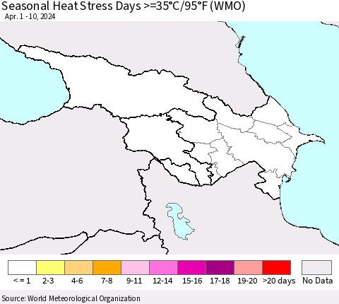 Azerbaijan, Armenia and Georgia Seasonal Heat Stress Days >=35°C/95°F (WMO) Thematic Map For 4/1/2024 - 4/10/2024