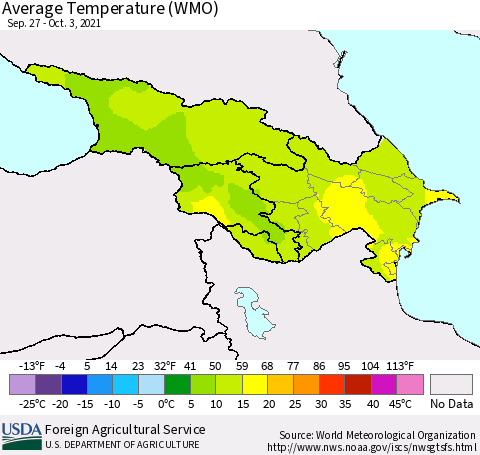 Azerbaijan, Armenia and Georgia Average Temperature (WMO) Thematic Map For 9/27/2021 - 10/3/2021
