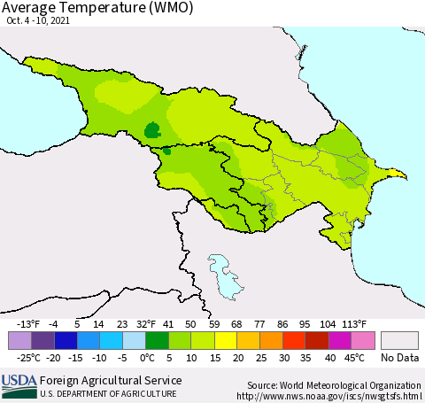 Azerbaijan, Armenia and Georgia Average Temperature (WMO) Thematic Map For 10/4/2021 - 10/10/2021