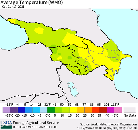 Azerbaijan, Armenia and Georgia Average Temperature (WMO) Thematic Map For 10/11/2021 - 10/17/2021