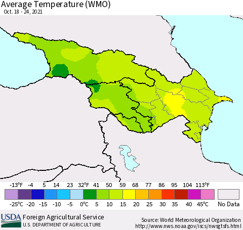 Azerbaijan, Armenia and Georgia Average Temperature (WMO) Thematic Map For 10/18/2021 - 10/24/2021