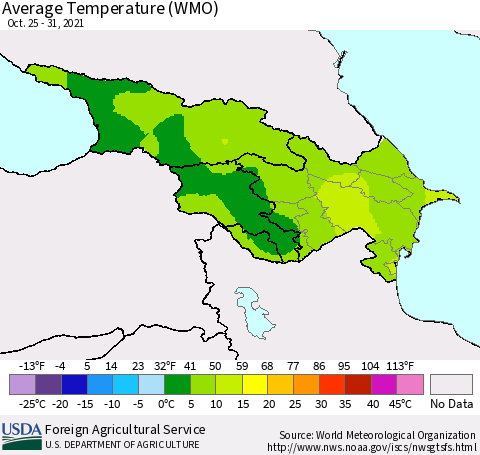 Azerbaijan, Armenia and Georgia Average Temperature (WMO) Thematic Map For 10/25/2021 - 10/31/2021