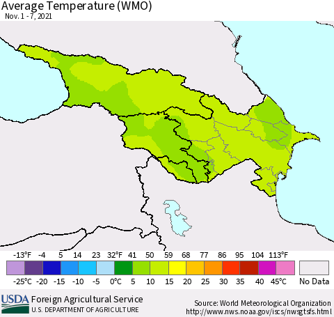Azerbaijan, Armenia and Georgia Average Temperature (WMO) Thematic Map For 11/1/2021 - 11/7/2021