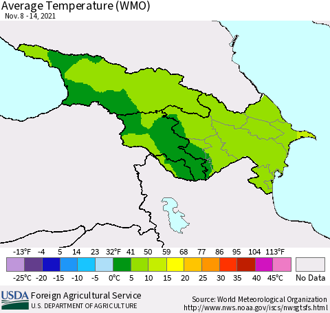 Azerbaijan, Armenia and Georgia Average Temperature (WMO) Thematic Map For 11/8/2021 - 11/14/2021