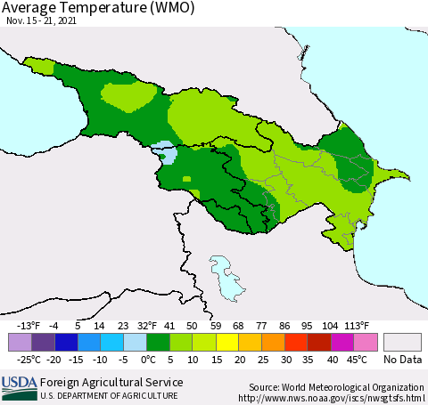 Azerbaijan, Armenia and Georgia Average Temperature (WMO) Thematic Map For 11/15/2021 - 11/21/2021