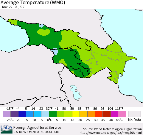 Azerbaijan, Armenia and Georgia Average Temperature (WMO) Thematic Map For 11/22/2021 - 11/28/2021