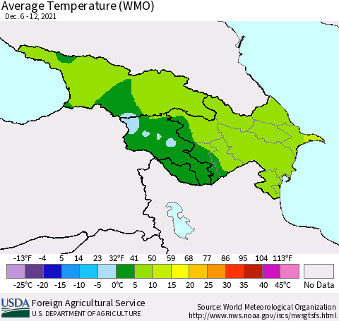Azerbaijan, Armenia and Georgia Average Temperature (WMO) Thematic Map For 12/6/2021 - 12/12/2021