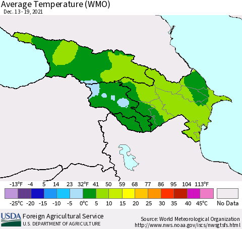 Azerbaijan, Armenia and Georgia Average Temperature (WMO) Thematic Map For 12/13/2021 - 12/19/2021