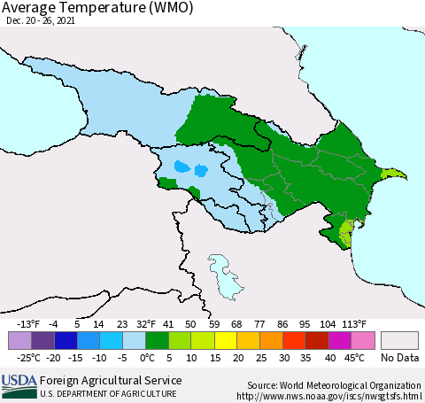 Azerbaijan, Armenia and Georgia Average Temperature (WMO) Thematic Map For 12/20/2021 - 12/26/2021