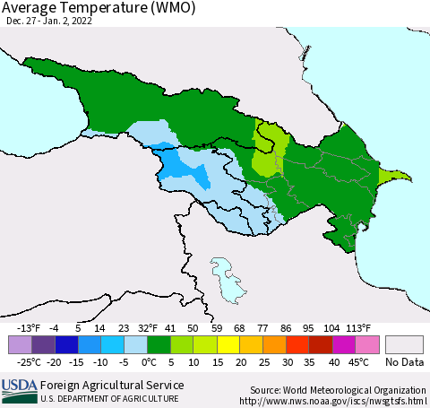 Azerbaijan, Armenia and Georgia Average Temperature (WMO) Thematic Map For 12/27/2021 - 1/2/2022
