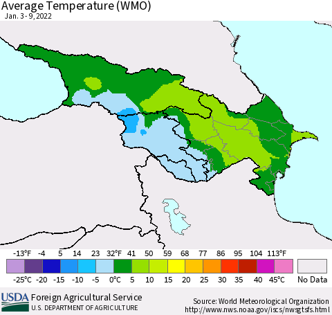 Azerbaijan, Armenia and Georgia Average Temperature (WMO) Thematic Map For 1/3/2022 - 1/9/2022