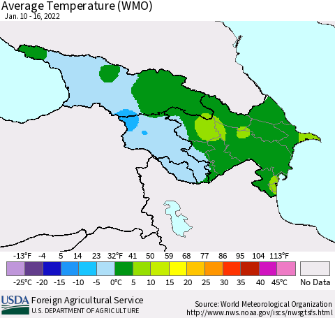Azerbaijan, Armenia and Georgia Average Temperature (WMO) Thematic Map For 1/10/2022 - 1/16/2022