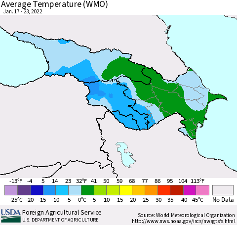 Azerbaijan, Armenia and Georgia Average Temperature (WMO) Thematic Map For 1/17/2022 - 1/23/2022