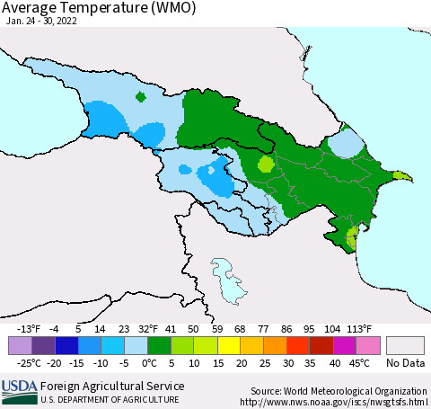 Azerbaijan, Armenia and Georgia Average Temperature (WMO) Thematic Map For 1/24/2022 - 1/30/2022