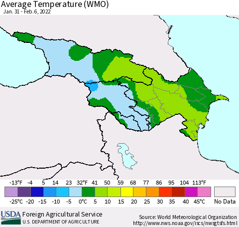 Azerbaijan, Armenia and Georgia Average Temperature (WMO) Thematic Map For 1/31/2022 - 2/6/2022