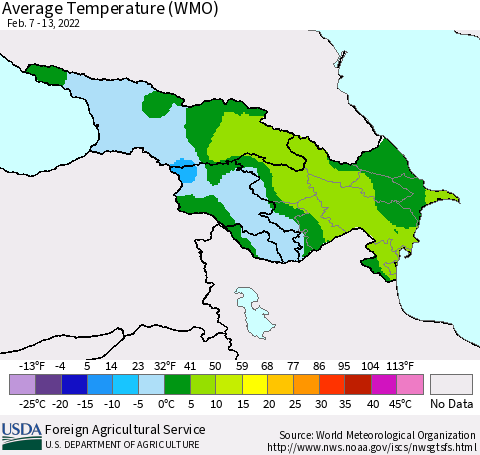 Azerbaijan, Armenia and Georgia Average Temperature (WMO) Thematic Map For 2/7/2022 - 2/13/2022