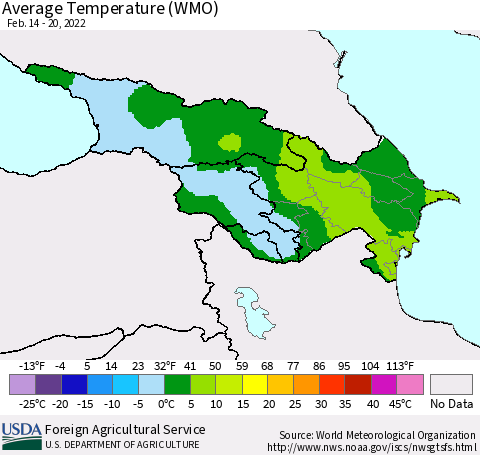 Azerbaijan, Armenia and Georgia Average Temperature (WMO) Thematic Map For 2/14/2022 - 2/20/2022