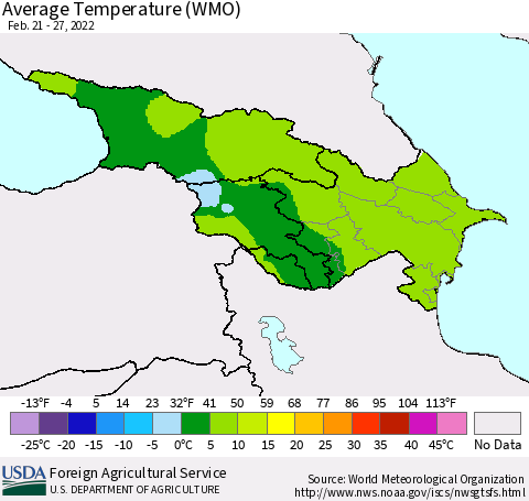 Azerbaijan, Armenia and Georgia Average Temperature (WMO) Thematic Map For 2/21/2022 - 2/27/2022