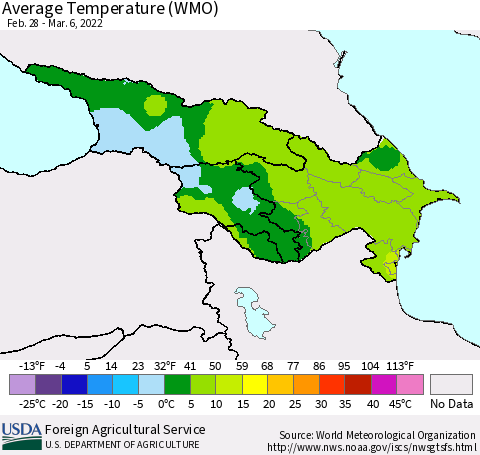 Azerbaijan, Armenia and Georgia Average Temperature (WMO) Thematic Map For 2/28/2022 - 3/6/2022