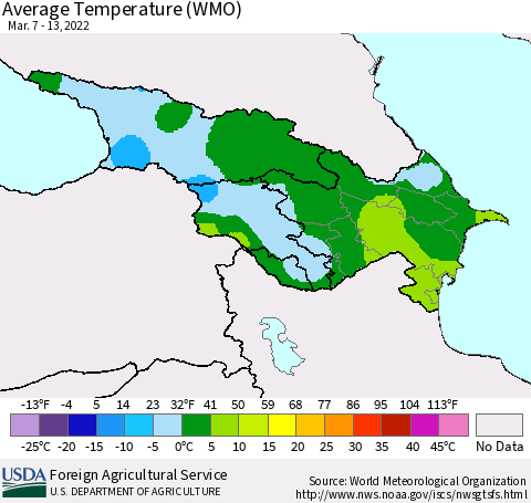 Azerbaijan, Armenia and Georgia Average Temperature (WMO) Thematic Map For 3/7/2022 - 3/13/2022