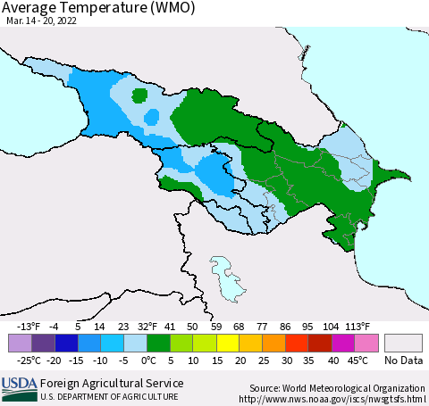 Azerbaijan, Armenia and Georgia Average Temperature (WMO) Thematic Map For 3/14/2022 - 3/20/2022
