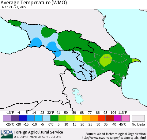 Azerbaijan, Armenia and Georgia Average Temperature (WMO) Thematic Map For 3/21/2022 - 3/27/2022