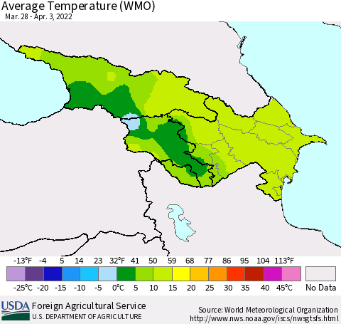 Azerbaijan, Armenia and Georgia Average Temperature (WMO) Thematic Map For 3/28/2022 - 4/3/2022