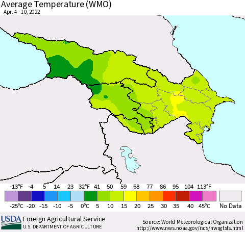 Azerbaijan, Armenia and Georgia Average Temperature (WMO) Thematic Map For 4/4/2022 - 4/10/2022