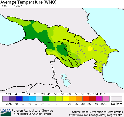 Azerbaijan, Armenia and Georgia Average Temperature (WMO) Thematic Map For 4/11/2022 - 4/17/2022