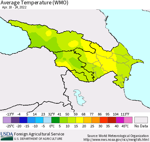 Azerbaijan, Armenia and Georgia Average Temperature (WMO) Thematic Map For 4/18/2022 - 4/24/2022