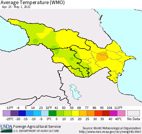 Azerbaijan, Armenia and Georgia Average Temperature (WMO) Thematic Map For 4/25/2022 - 5/1/2022