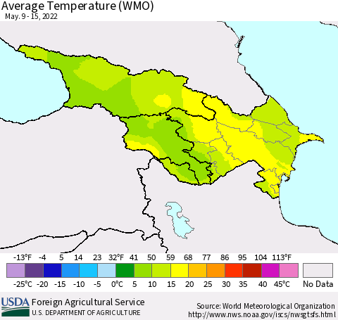 Azerbaijan, Armenia and Georgia Average Temperature (WMO) Thematic Map For 5/9/2022 - 5/15/2022