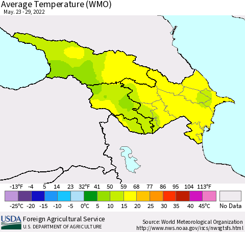 Azerbaijan, Armenia and Georgia Average Temperature (WMO) Thematic Map For 5/23/2022 - 5/29/2022