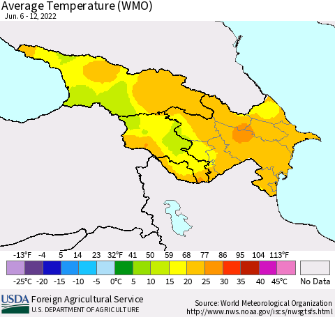 Azerbaijan, Armenia and Georgia Average Temperature (WMO) Thematic Map For 6/6/2022 - 6/12/2022