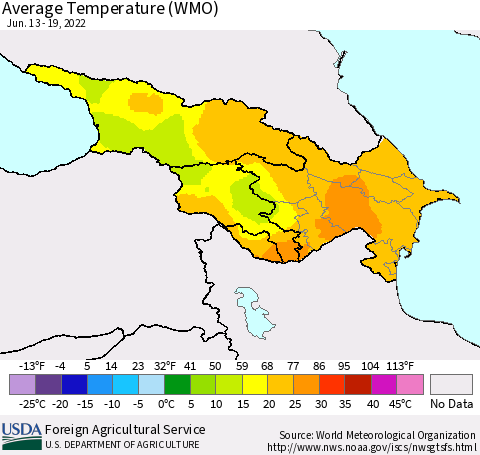 Azerbaijan, Armenia and Georgia Average Temperature (WMO) Thematic Map For 6/13/2022 - 6/19/2022