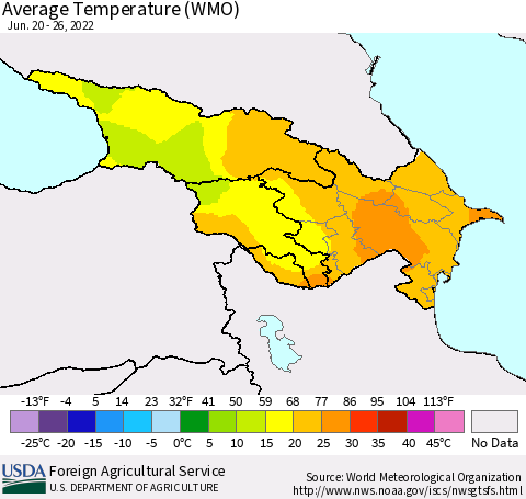 Azerbaijan, Armenia and Georgia Average Temperature (WMO) Thematic Map For 6/20/2022 - 6/26/2022