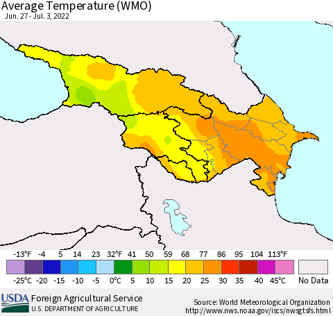 Azerbaijan, Armenia and Georgia Average Temperature (WMO) Thematic Map For 6/27/2022 - 7/3/2022