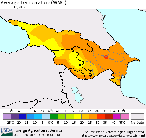Azerbaijan, Armenia and Georgia Average Temperature (WMO) Thematic Map For 7/11/2022 - 7/17/2022