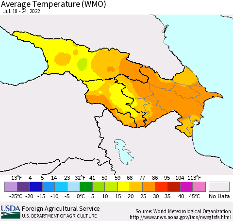 Azerbaijan, Armenia and Georgia Average Temperature (WMO) Thematic Map For 7/18/2022 - 7/24/2022