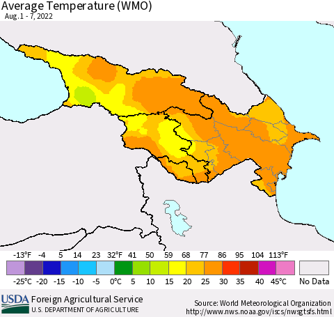 Azerbaijan, Armenia and Georgia Average Temperature (WMO) Thematic Map For 8/1/2022 - 8/7/2022