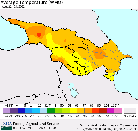 Azerbaijan, Armenia and Georgia Average Temperature (WMO) Thematic Map For 8/22/2022 - 8/28/2022