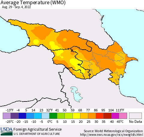 Azerbaijan, Armenia and Georgia Average Temperature (WMO) Thematic Map For 8/29/2022 - 9/4/2022
