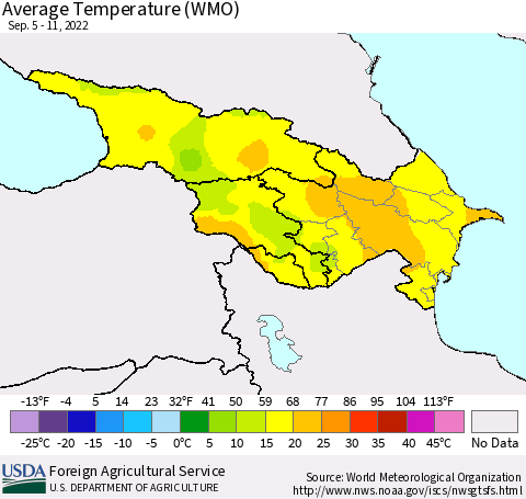 Azerbaijan, Armenia and Georgia Average Temperature (WMO) Thematic Map For 9/5/2022 - 9/11/2022