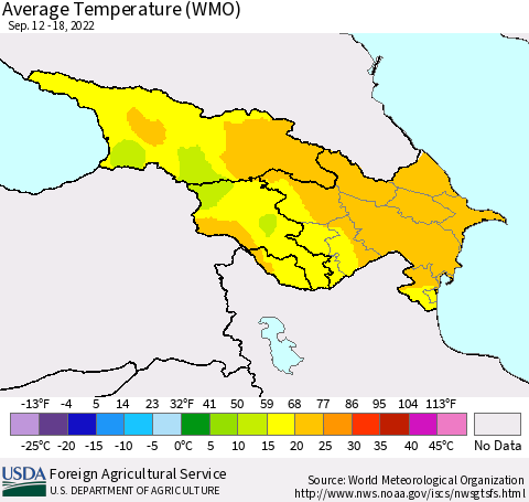 Azerbaijan, Armenia and Georgia Average Temperature (WMO) Thematic Map For 9/12/2022 - 9/18/2022