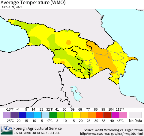 Azerbaijan, Armenia and Georgia Average Temperature (WMO) Thematic Map For 10/3/2022 - 10/9/2022